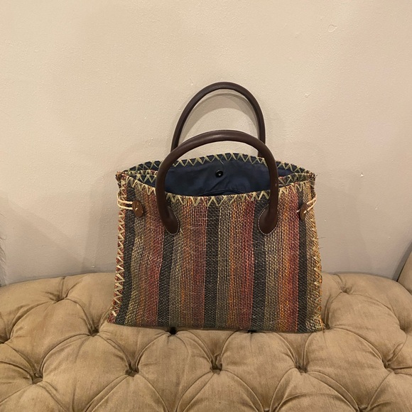 Large straw bag with leather straps navy Blue cloth lining size 22:22 - Picture 3 of 11